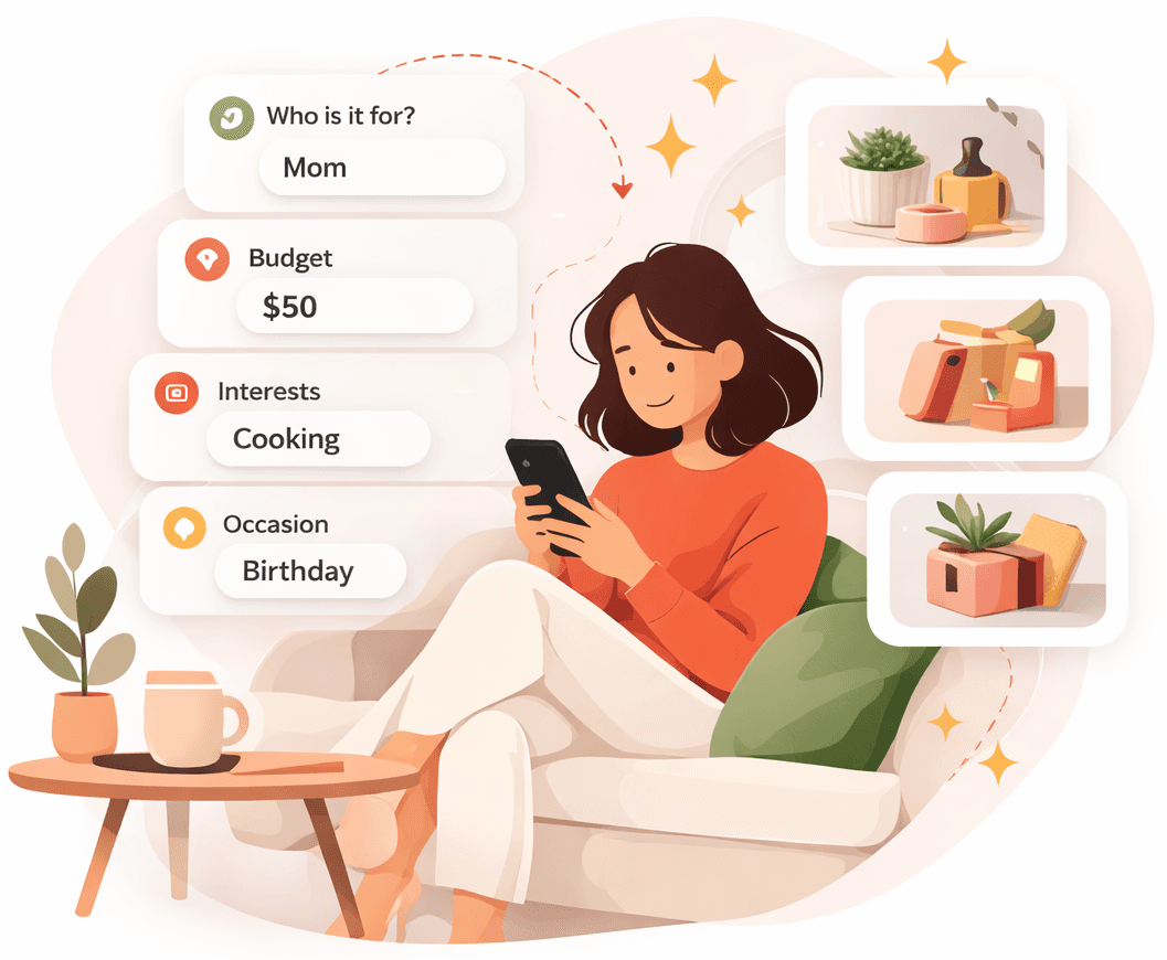 Woman finding perfect gifts on her phone with AI recommendations